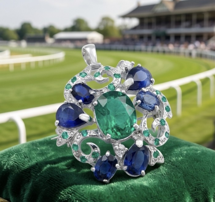 Giovanna - Victorian style - 29.5 carat Authentic Emerald .925 Sterling Silver handcrafted Pendant Brooch - Close-up of Victorian style emerald and blue gemstone pendant.