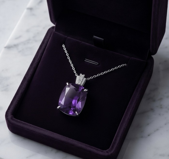 Classic design 22.5 carat African Amethyst .925 Sterling Silver dipped in rhodium handcrafted necklace - Amethyst necklace in velvet box, top view, showing stone and setting details.