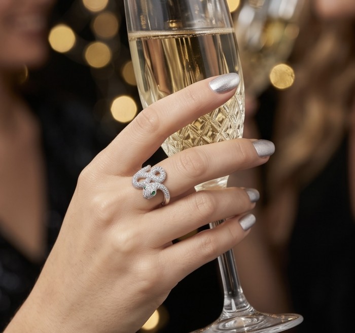 Precious Boa Snake Genuine Emerald White Topaz .925 Sterling Silver handcrafted Ring s. 8 - Snake ring with emerald eye worn on hand holding champagne flute