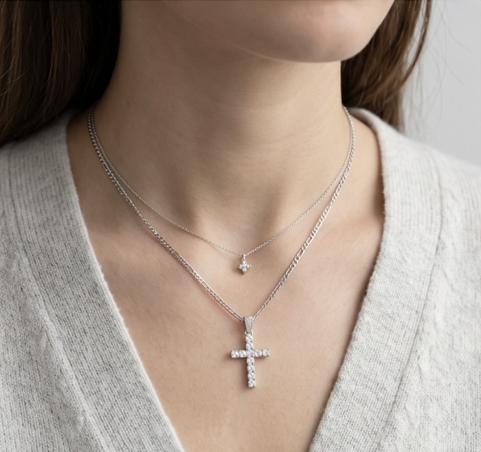 Precious Cross Genuine rhodium over .925 Sterling Silver handmade necklace - Necklaces worn on neck, featuring cross and small diamond pendants.