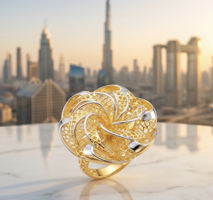 GOLDEN ROSE- Dubai Style - .925 Sterling Silver dipped in 22K Gold handmade Large ring size 6 - Golden rose ring, 3D design, city skyline background, front view.