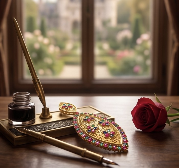 Byzantine Style Ruby Emerald Sapphire 14K Gold over .925 Sterling Silver handcrafted pendant - Desk still life with Byzantine-style jewelry and red rose