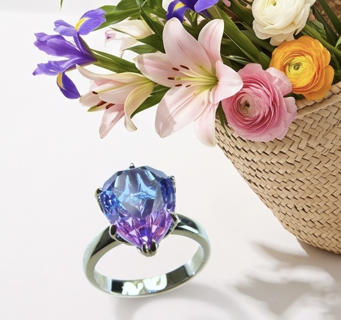8.8 carat Alexandrite .925 Sterling Silver Perfectly handcrafted Ring s. 7 - Close-up of 8.8 carat Alexandrite ring with a floral background.