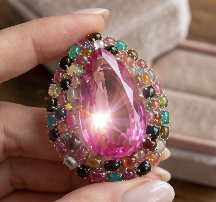 An exuberantly Large 69.8 grams Vintage style Pink Sapphire 44.2 Brazilian Tourmaline .925 Sterling Silver handmade LARGE Pendant - Brooch - Close-up of a large vintage-style pink sapphire stone with colorful accents.