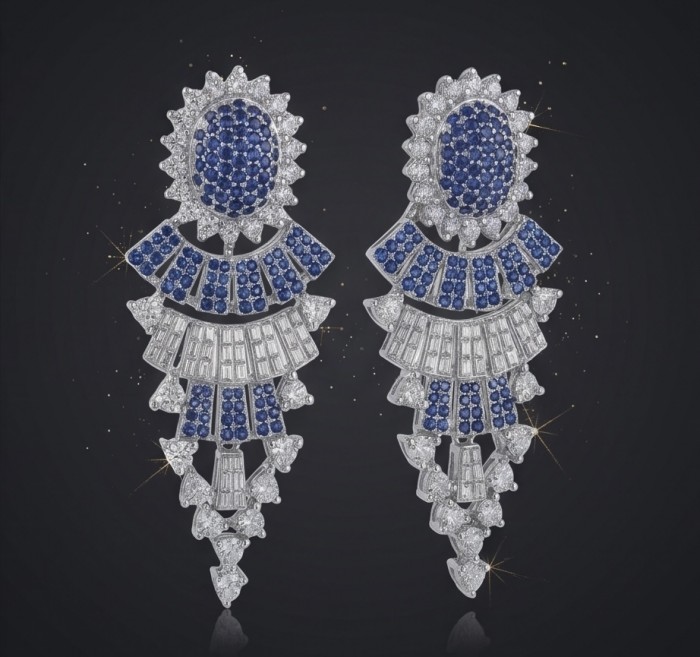 Art Deco - Authentic 4.5 carat Sapphire rhodium over .925 Sterling Silver handcrafted earrings - Art Deco earrings, front view, sapphires and rhodium over .925 silver