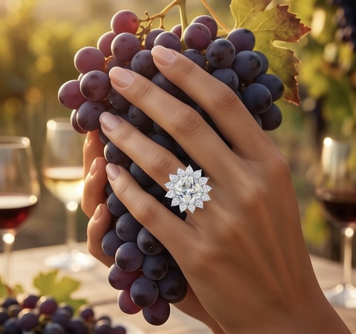 Fiorella Precious 25.5 carat princess cut Natural yellow Sapphire .925 Sterling Silver Statement Large ring size 6 - Fiorella 25.5 carat yellow diamond ring worn on hand, holding grapes.