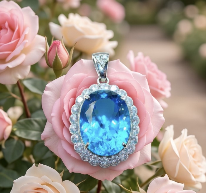 Tiffany Incredible oval cut 45.4 carat Swiss Blue Topaz rhodium over .925 Sterling Silver handcrafted pendant - Close-up of a Tiffany Swiss Blue Topaz pendant on pink roses