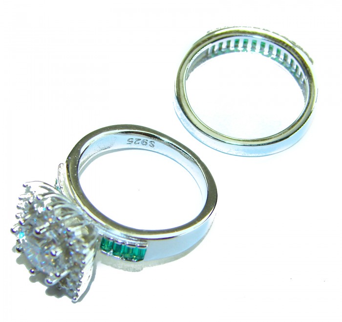 Spectacular 5.9 carat White Topaz Emerald .925 Sterling Silver stack up ring size 6 - Sterling silver rings with white topaz and emerald, side view.