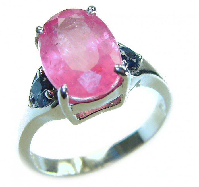 Crimson Fire 4.8 carat Authentic Ruby .925 Sterling Silver Handcrafted Ring size 5 - Side view of Crimson Fire 4.8 carat Ruby in .925 Sterling Silver ring