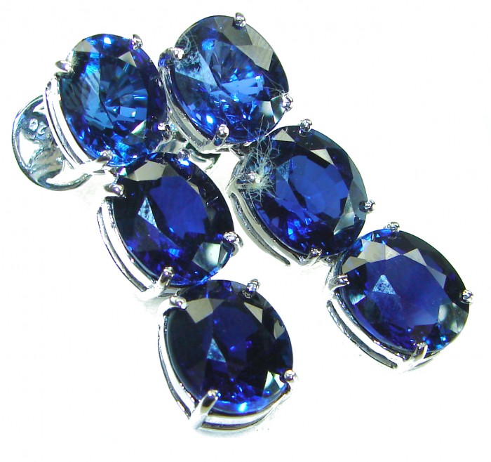Deep Ocean 16.5 carat London Blue Topaz .925 Sterling Silver handmade Statement earrings - Stone close-up of Deep Ocean blue topaz in sterling silver setting
