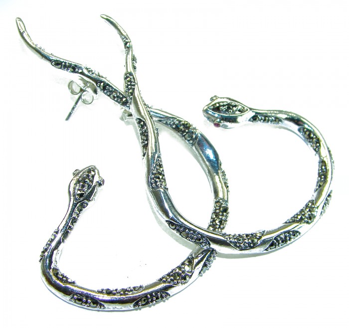 Large Snakes Ruby Marcasite .925 Sterling Silver wrap Earrings - Snake-shaped sterling silver earrings with marcasite detail, top view.