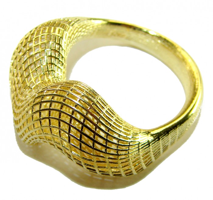 New Art 18k Gold over .925 Silver handcrafted Cocktail Ring s. 8 1/4 - Gold cocktail ring with textured wave design, side view.