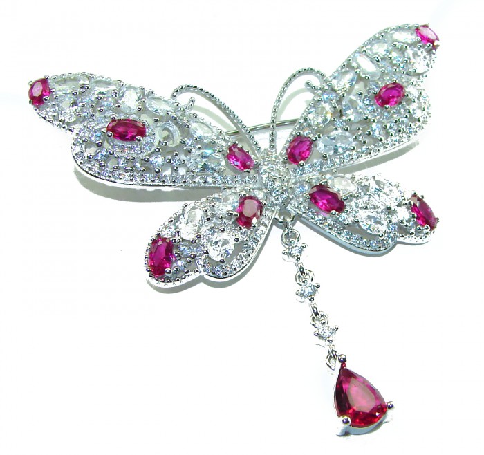Vintage Design - Red Butterfly - Genuine 10.2 carat Ruby 14k White Gold over .925 Sterling Silver handmade Pendant Brooch - Butterfly brooch with rubies and diamonds, top view.