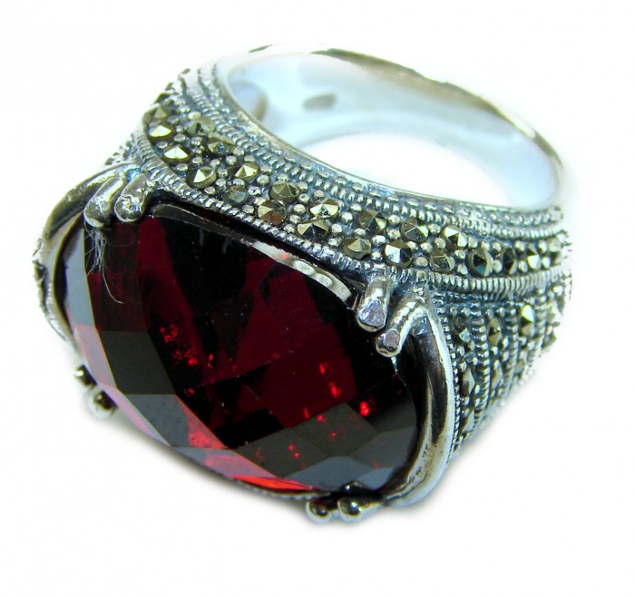 Bella Rosa Natural 28.4 carat Ruby Marcasite .925 Sterling Silver handmade Large Statement Ring size 7 - Close-up of Bella Rosa ruby ring with marcasite in sterling silver.