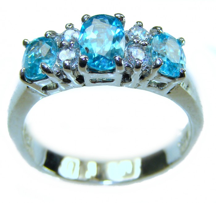 Blue Odyssey 8.5 carat authentic Swiss Blue Topaz .925 Sterling Silver handmade Statement Ring size 8 - Side view of Swiss Blue Topaz ring in .925 sterling silver setting.