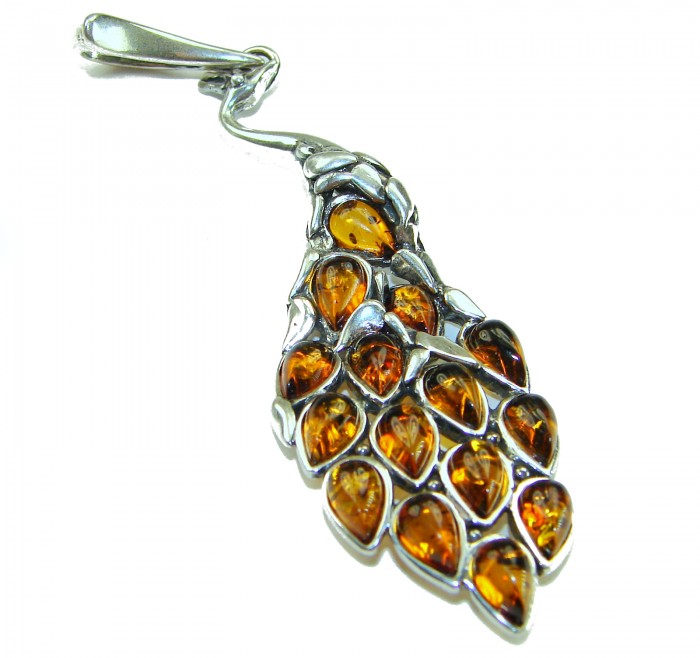 2 7/8 inches! Peacock Prehistoric Authentic Baltic Amber .925 Sterling Silver beautifully handcrafted Pendant - Peacock pendant with amber stones, top-down view