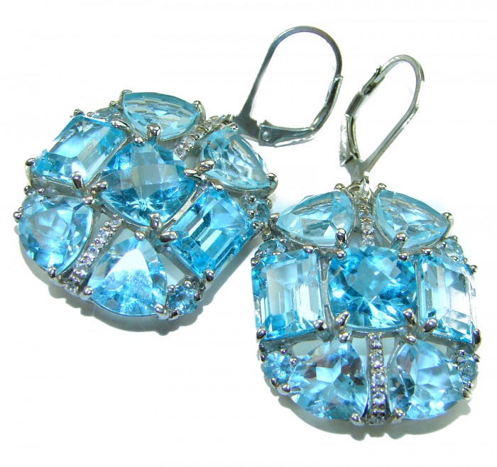Atlantica 33.7 carat Swiss Blue Topaz .925 Sterling Silver Handcrafted Statement earrings - Close-up of Atlantica Swiss Blue Topaz sterling silver earrings