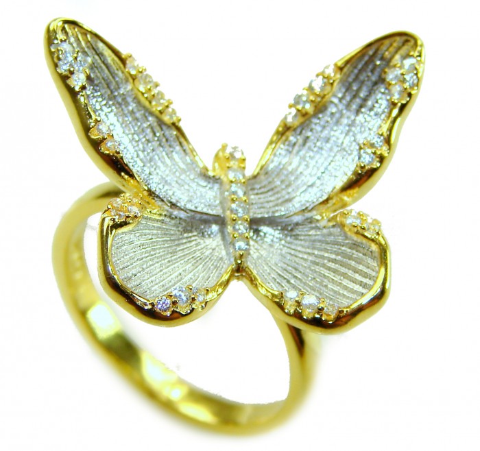 Golden Butterfly White Topaz highly polished 18K Gold over .925 Sterling Silver Italy made ring s. 7 1/4 - Golden Butterfly ring with white topaz detail, top view.