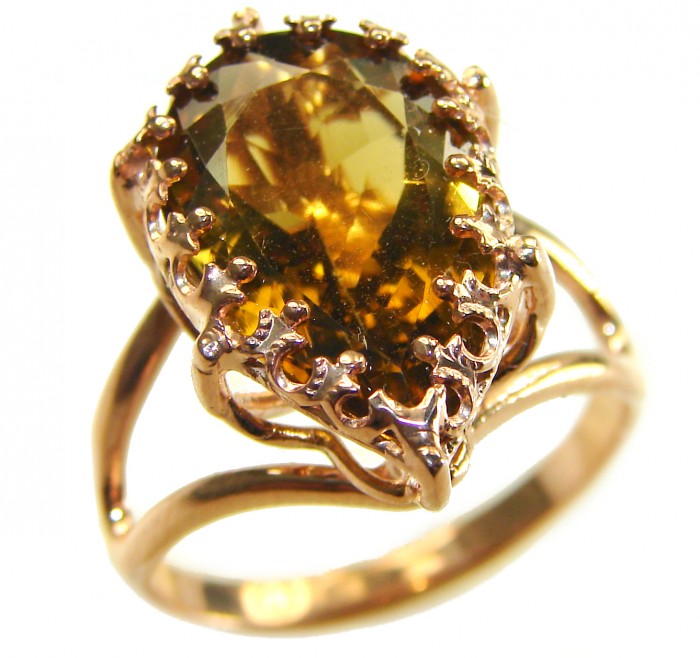 Celestial Energy 15.5 carat Champagne Smoky Topaz 18K Gold over .925 Sterling Silver Ring size 9 3/4 - Close-up of Celestial Energy ring with smoky topaz in 18K gold setting.