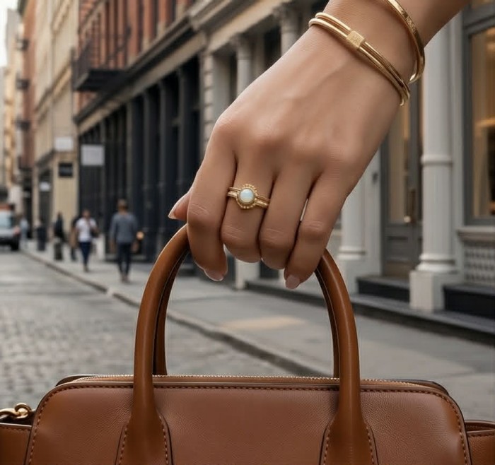 Golden Galaxy Genuine 2.8 carat Opal 14K Gold over .925 Sterling Silver handmade Ring size 7 - Opal ring on hand holding brown bag; city street background.