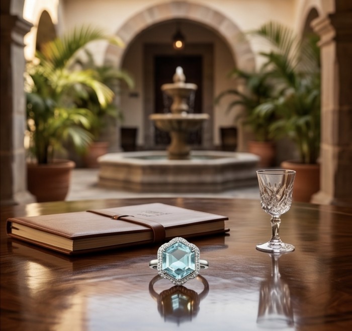 Rare Flower 9.8 carat GREEN GRANDIDIERITE .925 Sterling Silver ring; s. 6 1/4 - Green grandidierite ring on table, courtyard background, close-up view