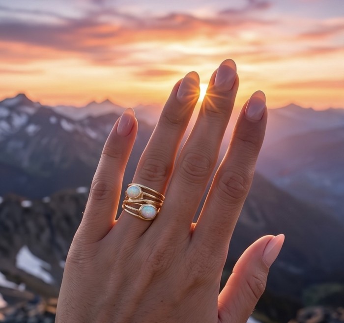 Golden Galaxy Genuine 5.8 carat Ethiopian Opal 14K Gold over .925 Sterling Silver handmade Ring size 7 - Worn on hand, Ethiopian opal rings against scenic sunset background