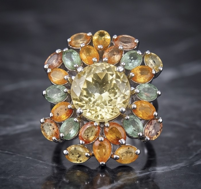 Mademoiselle - 25.7 carat Brazilian Citrine orange Sapphire rhodium over .925 Sterling Silver handcrafted Ring size 7 - Close-up of Mademoiselle ring with Brazilian citrine and orange sapphire