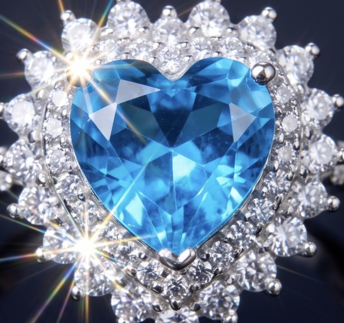 Angel's Heart 4.3 carat Swiss Blue Topaz .925 Sterling Silver dipped in rhodium handcrafted ring size 5 - Close-up of Angel's Heart Swiss Blue Topaz and sterling silver ring