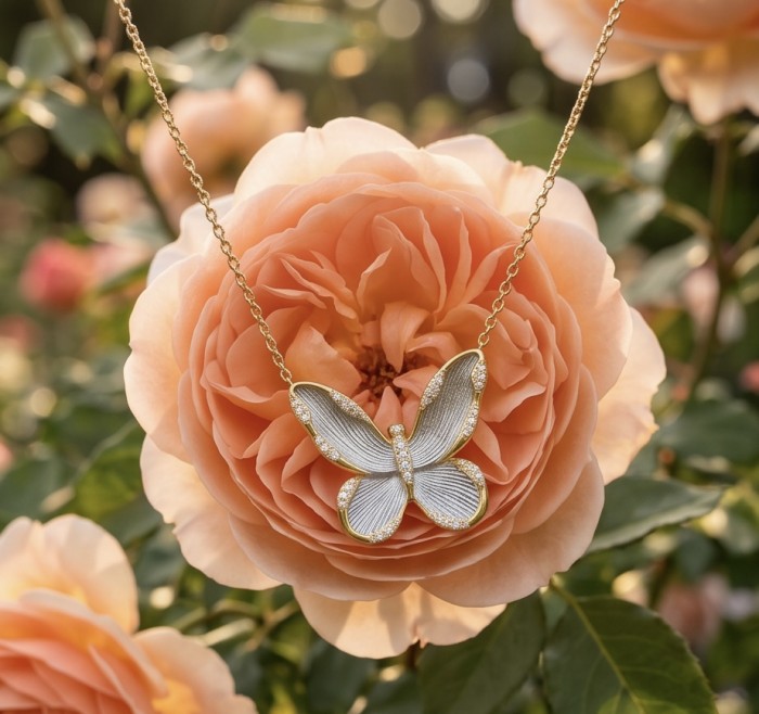 Golden Butterfly White Topaz highly polished 18K Gold over .925 Sterling Silver Italy made necklace - Butterfly necklace on peach rose, front view, gold and white topaz detailing.