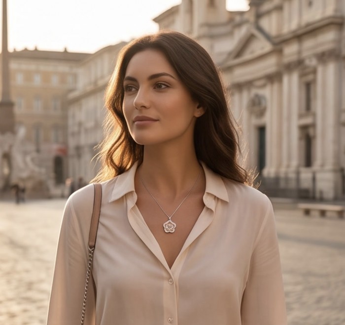 Tae Rose 8.5 carat Morganite .925 Sterling Silver handmade Pendant - Woman wearing Tae Rose Morganite necklace in a city setting.