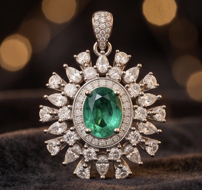 Amazonia - authentic 6.5 carat Colombian Emerald rhodium over .925 Sterling Silver handcrafted Pendant - Close-up of Amazonia pendant with emerald and diamond accents