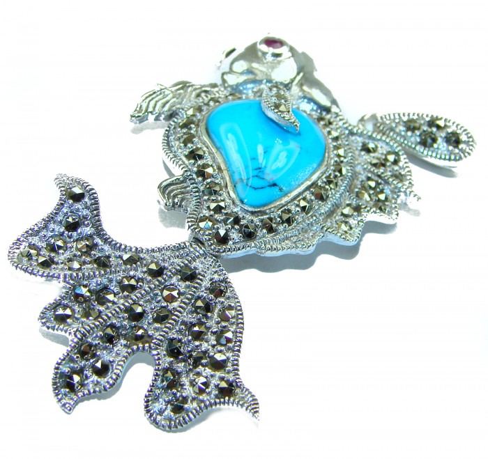 Large Blue Fish Genuine Turquoise .925 Sterling Silver handcrafted Pendant - photo 1