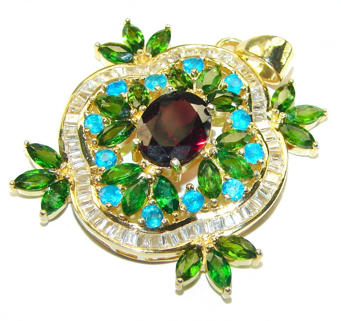 Luxurious 4.2 carat Ruby Emerald 14K Gold over .925 Sterling Silver handmade Pendant - Pendant with ruby, emeralds, and blue stones, top view.