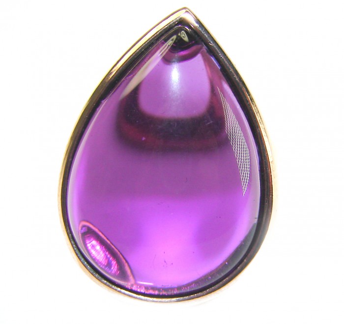 Purple Drop 22.2 carat Amethyst 14K Gold over .925 Sterling Silver Handcrafted Large Ring size 7 1/4 - Close-up of purple amethyst drop in 14K gold over sterling silver.
