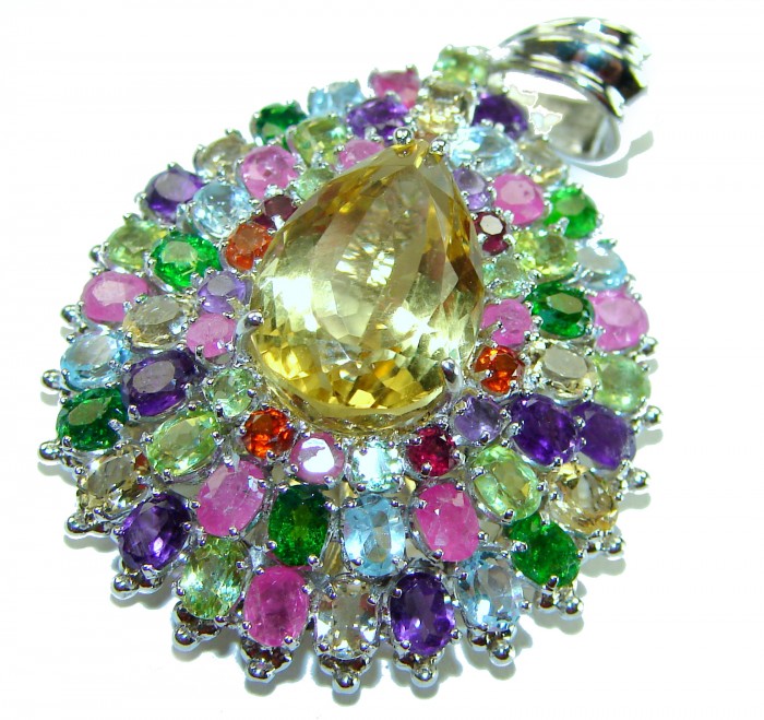 Wonderland 41.1 carat Lemon Quartz .925 Sterling Silver handcrafted pendant - Colorful gemstone pendant, top view highlighting lemon quartz centerpiece.
