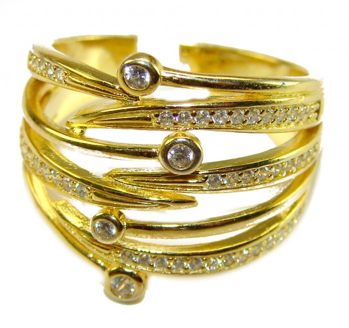 Precious 2.2 carat White Topaz .925 Silver dippedin 14K Gold handcrafted Cocktail Ring s. 7 - Golden ring with white topaz stones, front view with intricate design.