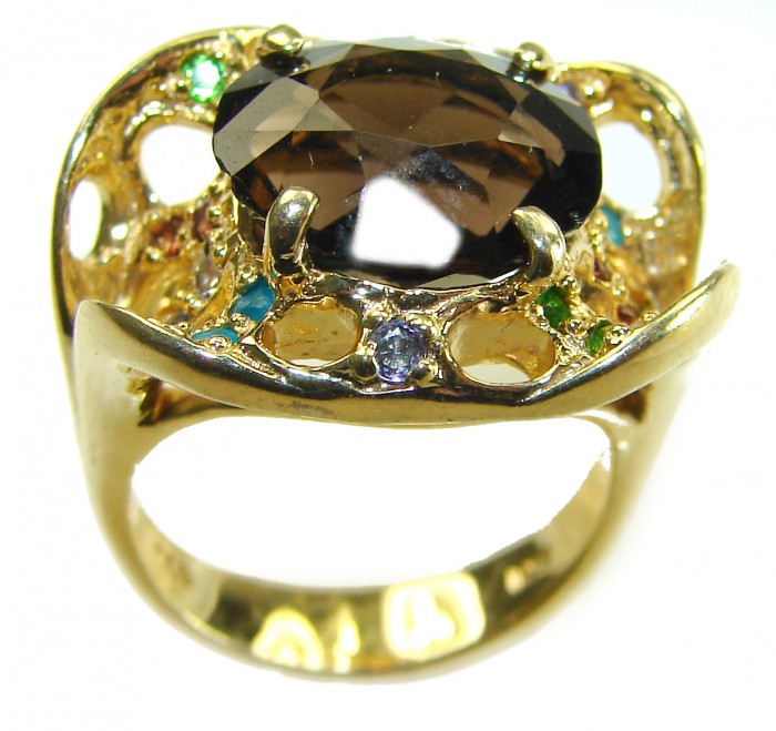 Serenity 8.5 carat Champagne Smoky Topaz 18K Gold over .925 Sterling Silver HUGE Ring size 7 1/2 - Side view of Serenity ring with smoky topaz in 18K gold setting.