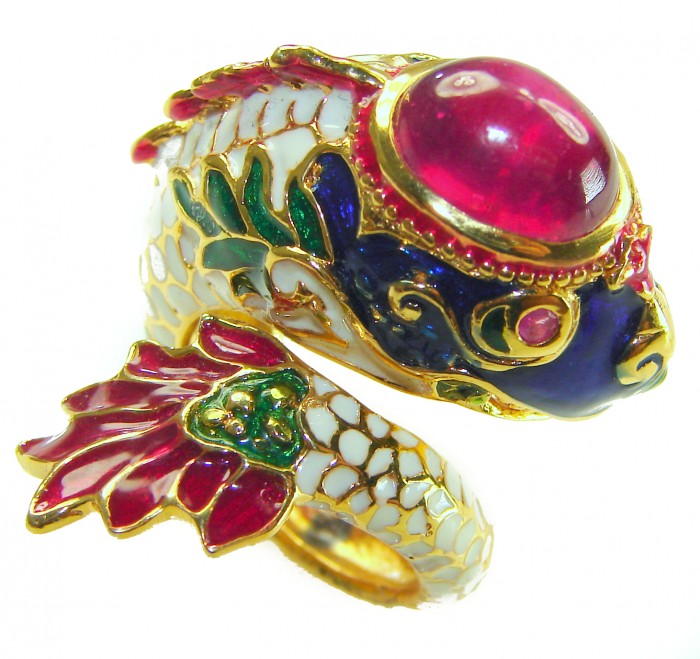Large - Statement- Fish Enamel 9.8 CARAT Ruby 18K Gold over .925 Sterling Silver Huge handcrafted Ring s. 7 - Side view of large fish enamel ring with ruby and 18K gold detailing.
