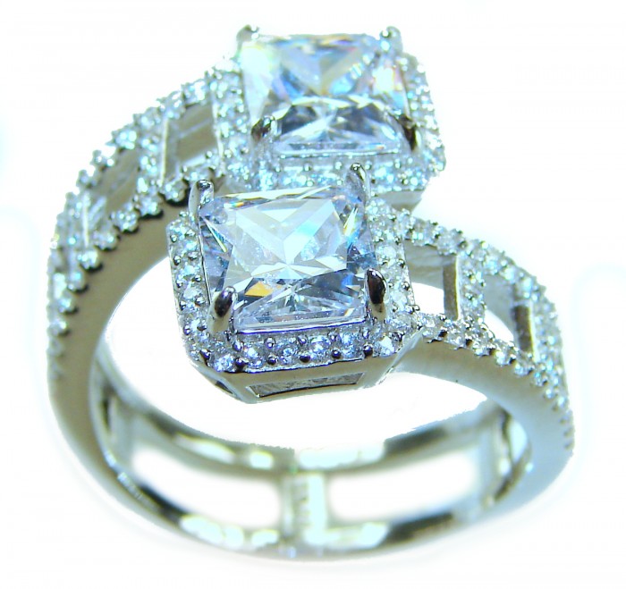 Pure Celestial Energy Natural 12.4 carat White Topaz .925 Sterling Silver handmade Statement Ring size 8 - Close-up of dual square white topaz ring with diamond accents.