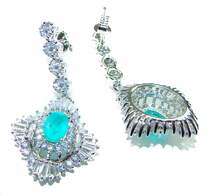 Pure Luxury 6.2 carat natural Colombian Emerald .925 Sterling Silver handmade Statement earrings - Close-up of sterling silver earrings with Colombian emerald centerpiece
