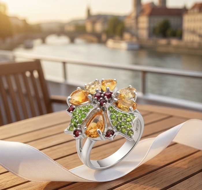 Vivien Luxurious Style - Natural 14.2 carat Brazilian Citrine .925 Sterling Silver dipped in rhodium handcrafted Ring size 9 1/4 - Close-up of Vivien Luxurious Ring with Brazilian Citrine on a table.
