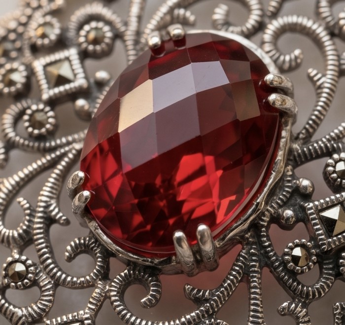 Retro Style - Precious - Genuine 14.5 carat Ruby .925 Sterling Silver handmade Pendant - Close-up of retro style ruby stone set in ornate filigree silver.