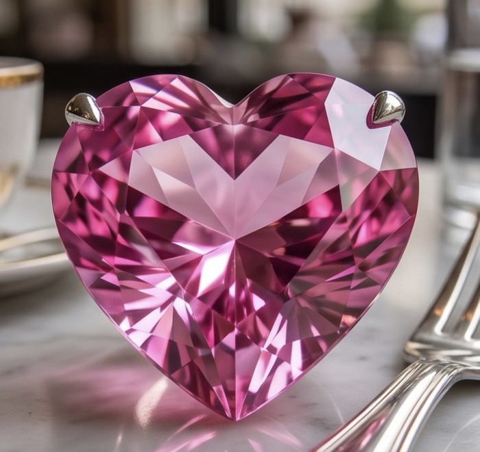 Angel's Heart Luxurious 19.8 carat Pink Sapphire .925 Silver handcrafted Cocktail Ring s. 7 3/4 - Heart-shaped pink sapphire stone close-up with silver prongs.