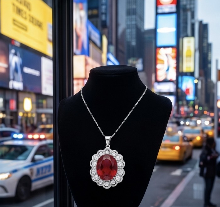 Passion 18.8 carat Mozambique Ruby .925 Sterling Silver handcrafted Statement pendant - Ruby necklace on display with city street and taxis in background.