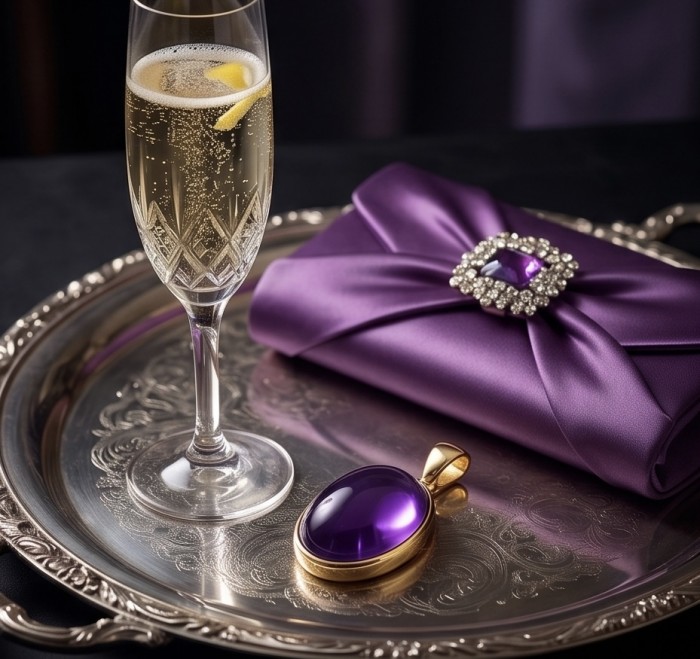 Mademoiselle - 12.5 carat natural Amethyst .925 Sterling Silver dipped in 22K Gold handcrafted Pendant - Amethyst pendant with crystal flute and purple clutch on silver tray