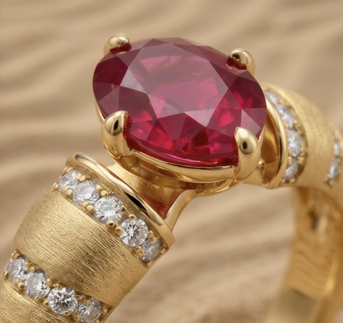 Born to Glam authentic 4.2 carat Ruby 22K Gold over .925 Silver handcrafted Ring s. 9 - Ruby ring close-up, 22K gold with diamonds, 4.2 carat stone.