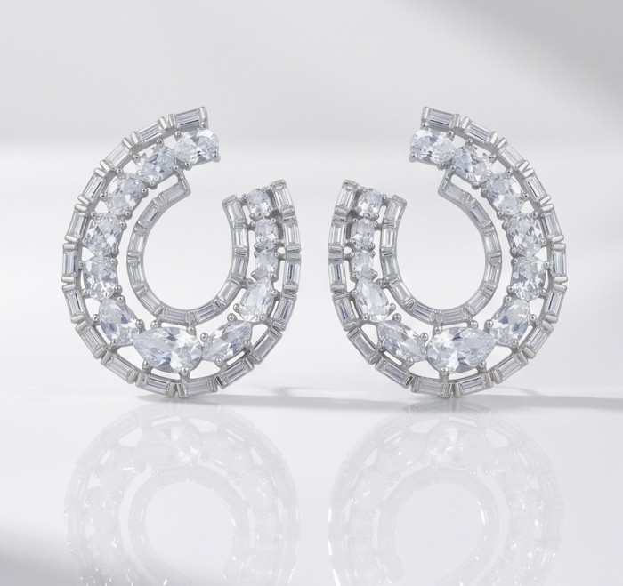 Elizabeth Natural 5.2 carat Moissanite .925 Sterling Silver handcrafted earrings - Front view of Elizabeth Moissanite earrings in sterling silver.