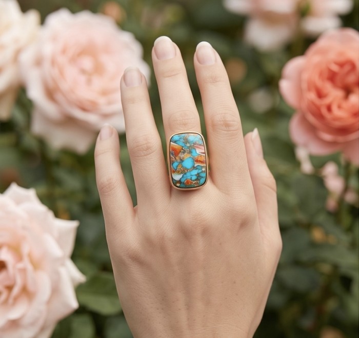 Rare 49.5 carat Oyster Turquoise 18K Gold over .925 Sterling Silver handcrafted Large ring; s. 7 adjustable - Hand wearing rare 49.5 carat oyster turquoise gold over silver ring.