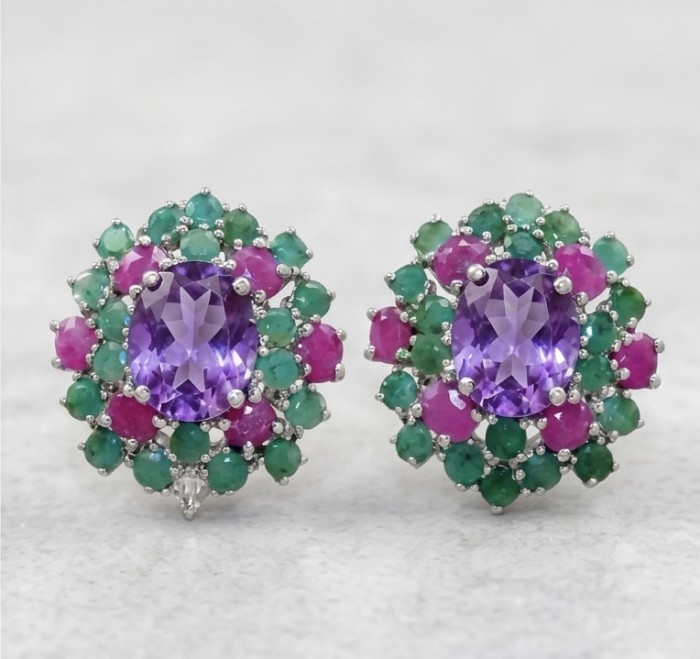 Francesca Genuine 8.9 carat Brazilian Amethyst rhodium over .925 Sterling Silver handcrafted Statement handcrafted earrings - Close-up of Francesca Brazilian Amethyst earrings with emeralds and rubies.