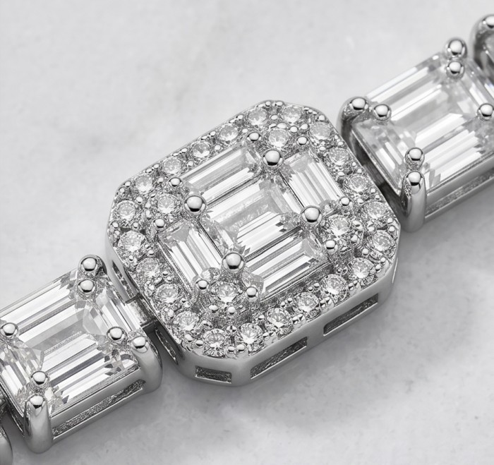 Mademoiselle 10.2 carat Moissanite .925 Sterling Silver Statement Bracelet - Close-up of Mademoiselle 10.2 carat Moissanite in sterling silver setting
